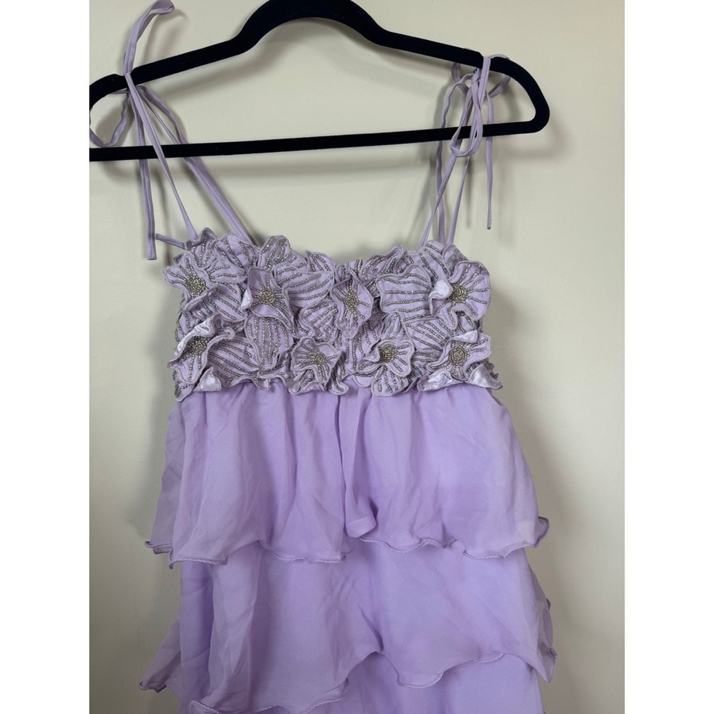 Show Me Your Mumu Lilac Ruffle Maxi Dress Floral Beaded Tiered Chiffon Small