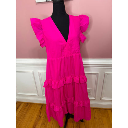 Amanda Uprichard Chamomile Dress in Cerise Large Sleeveless Tiered V-Neck Lined