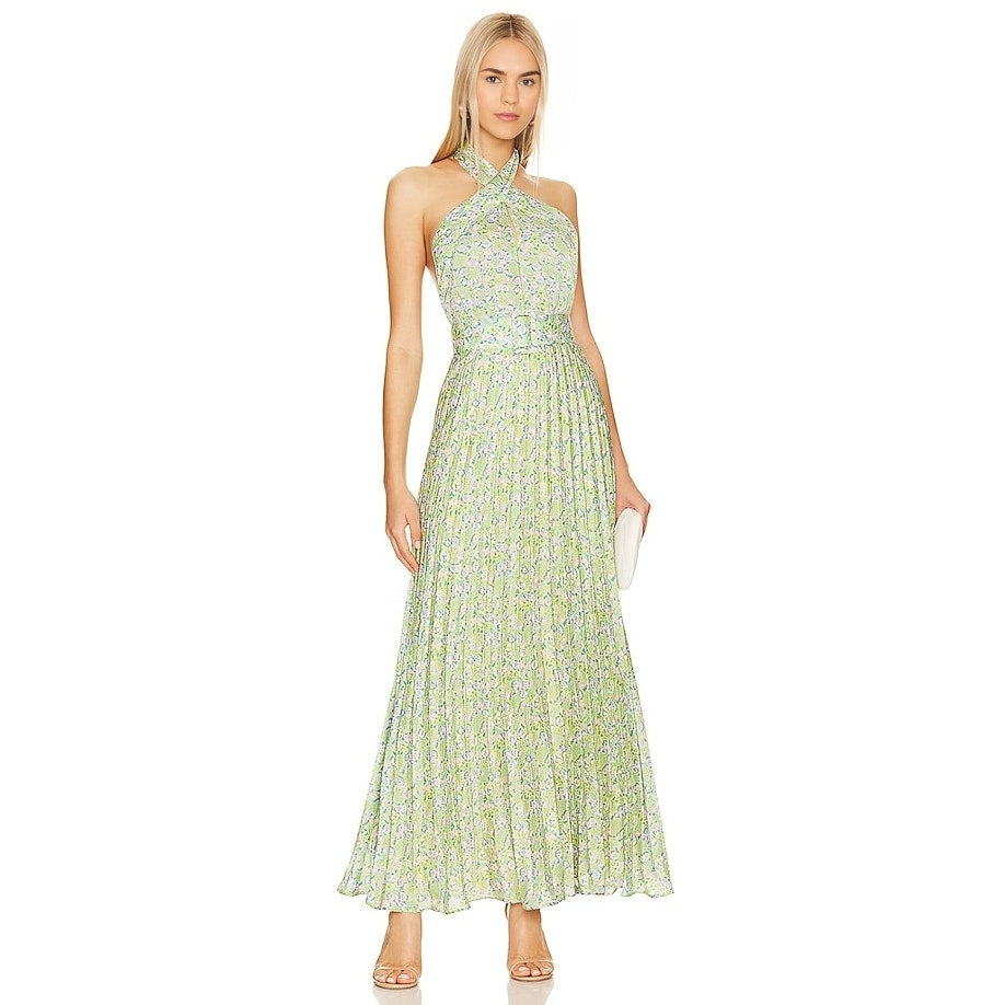 By Timo Plisse Halterneck Maxi Dress in Green Garden Large Floral Lined Party