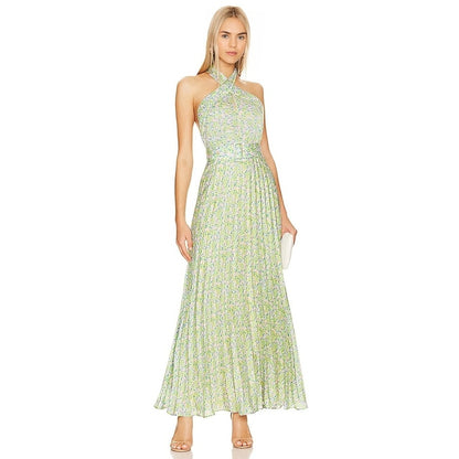 By Timo Plisse Halterneck Maxi Dress in Green Garden Large Floral Lined Party