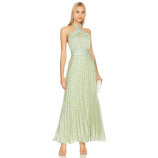 By Timo Plisse Halterneck Maxi Dress in Green Garden Large Floral Lined Party