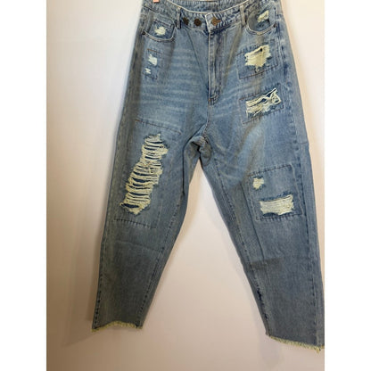 Jaded Gypsy Distressed Patchwork Relaxed Fit Jeans Light Wash Blue O/S NWT
