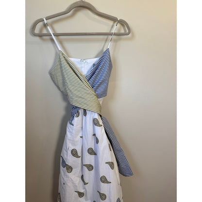 Silvia Tcherassi Mixed Print Paisley Striped Wrap Midi Dress White Blue Olive