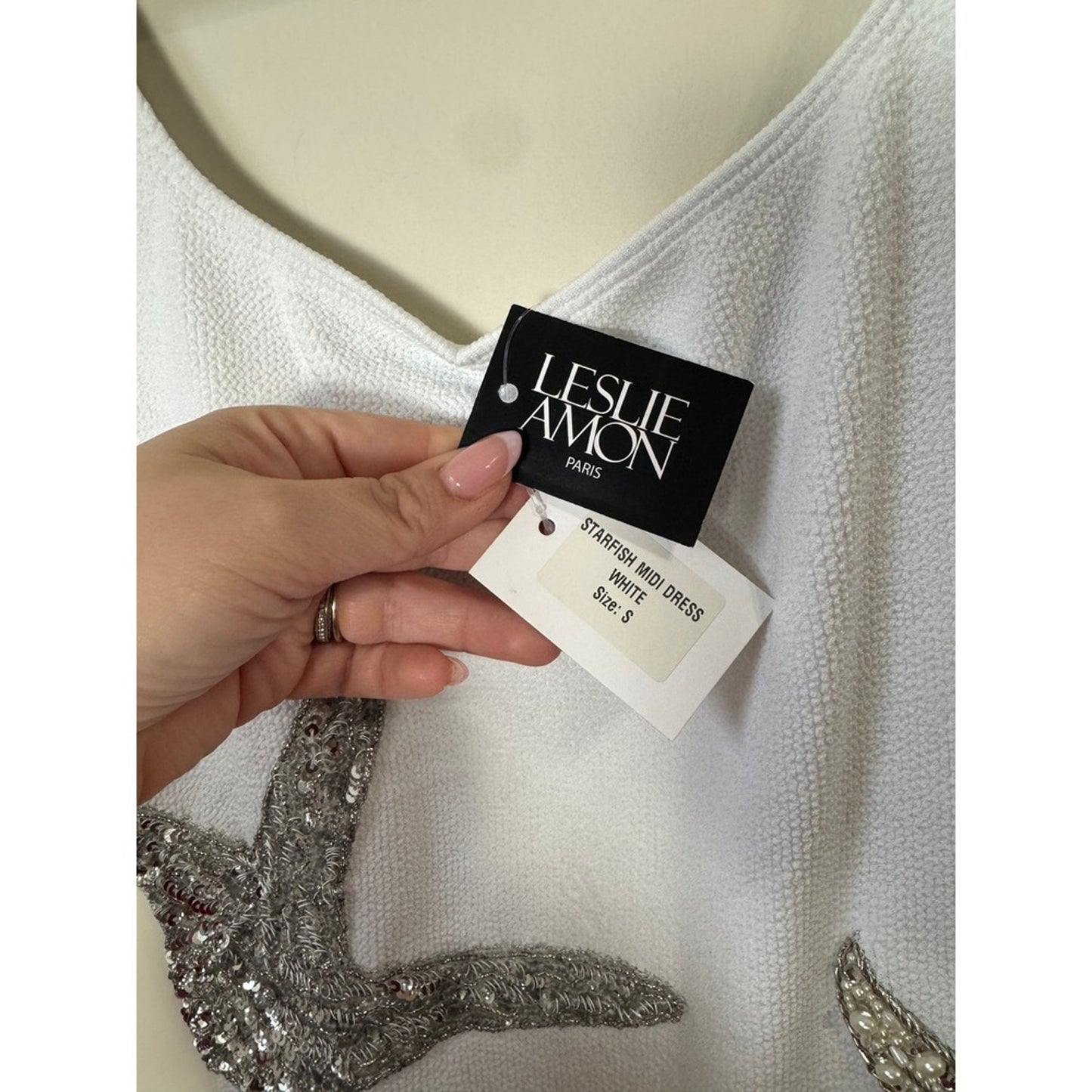 Leslie Amon White Starfish Embellished Midi Dress Silver Sequin Pearl Nautical