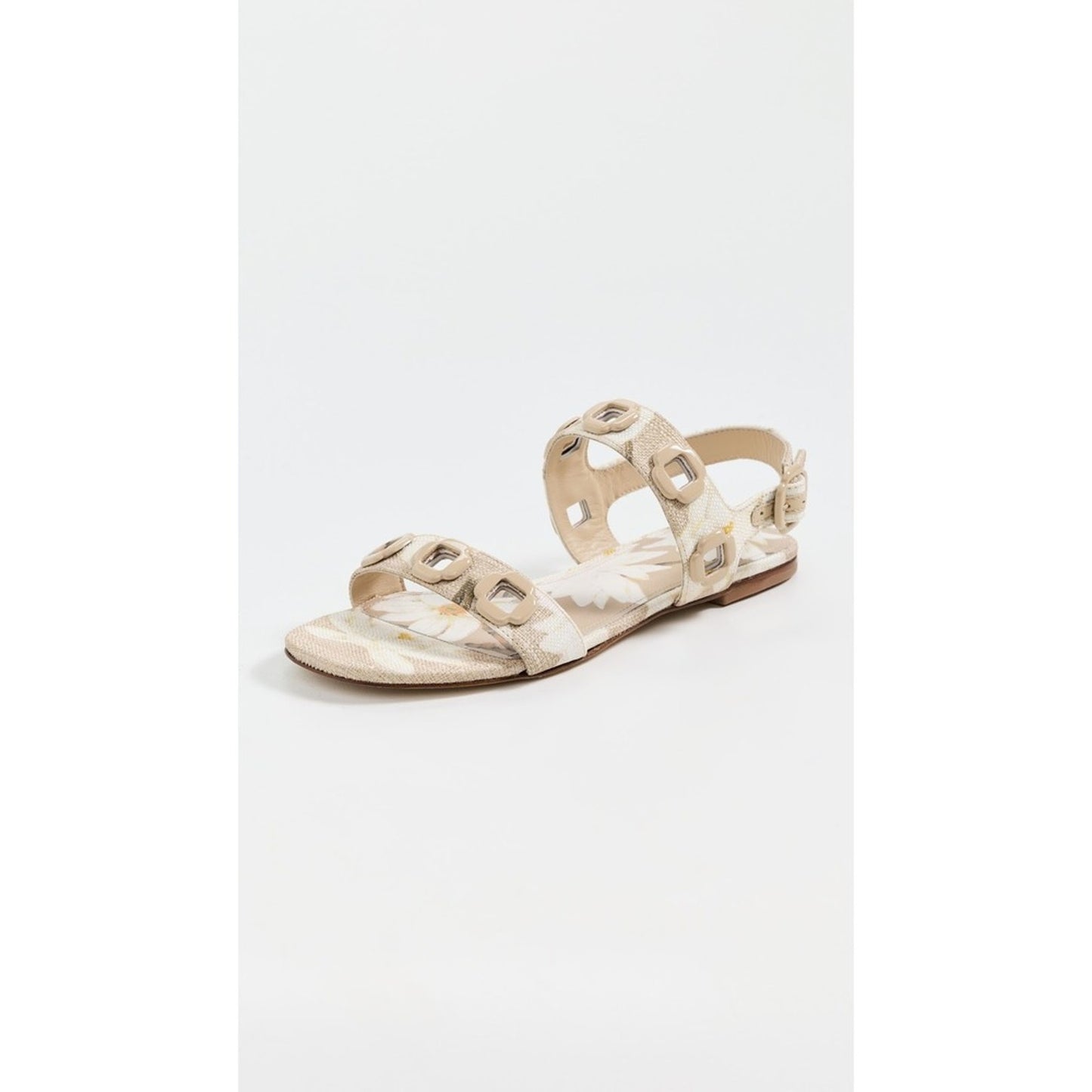 Larroude Floral Canvas Flat Sandals Beige Cream Slingback Buckle Strappy Shoes