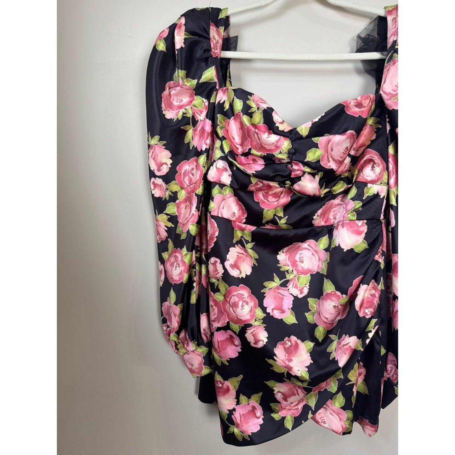House of CB Black Pink Floral Satin Puff Sleeve Mini Dress Size L Rose Print