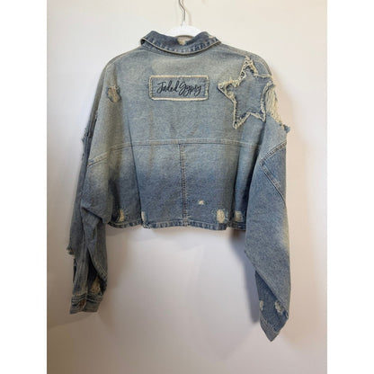 Jaded Gypsy Distressed Cropped Denim Jacket Ombre Blue Star Patch Zip Front Mens