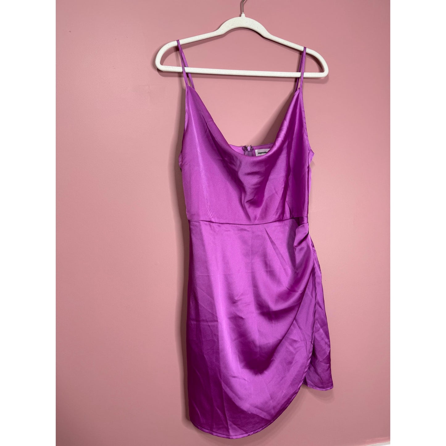 Superdown Arezo Cowl Neck Wrap Mini Dress in Purple Large Satin Cowl Neck Ruched