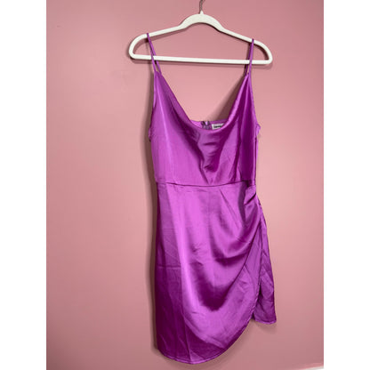 Superdown Arezo Cowl Neck Wrap Mini Dress in Purple Large Satin Cowl Neck Ruched