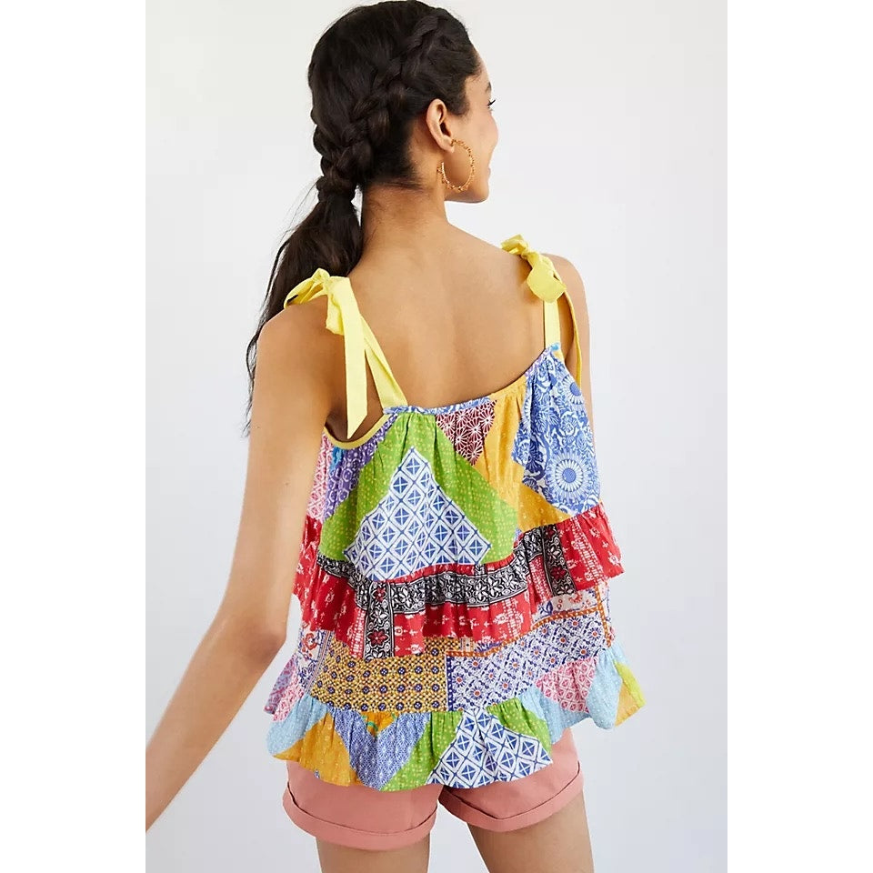 NEW Let Me Be Anthropologie Ruffled Patchwork Tank Multi Color Size 4