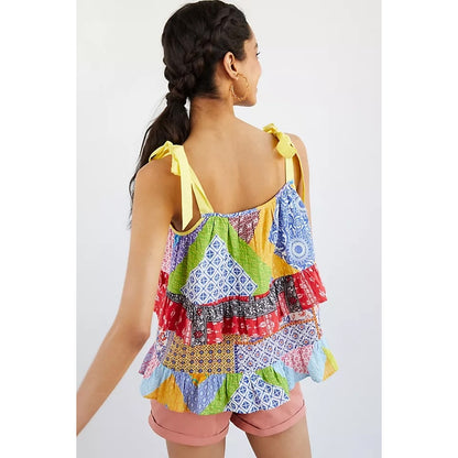 NEW Let Me Be Anthropologie Ruffled Patchwork Tank Multi Color Size 4