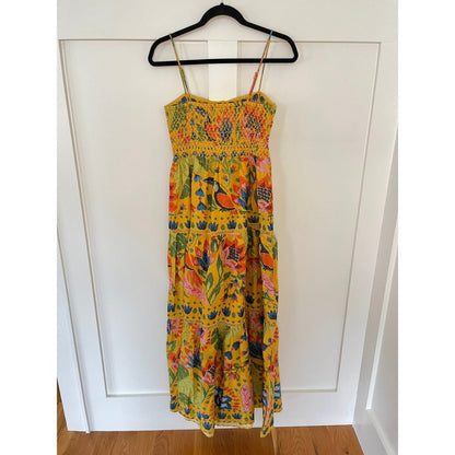 Farm Rio Summer Garden Maxi Dress Yellow Floral Smocked Strappy Size S