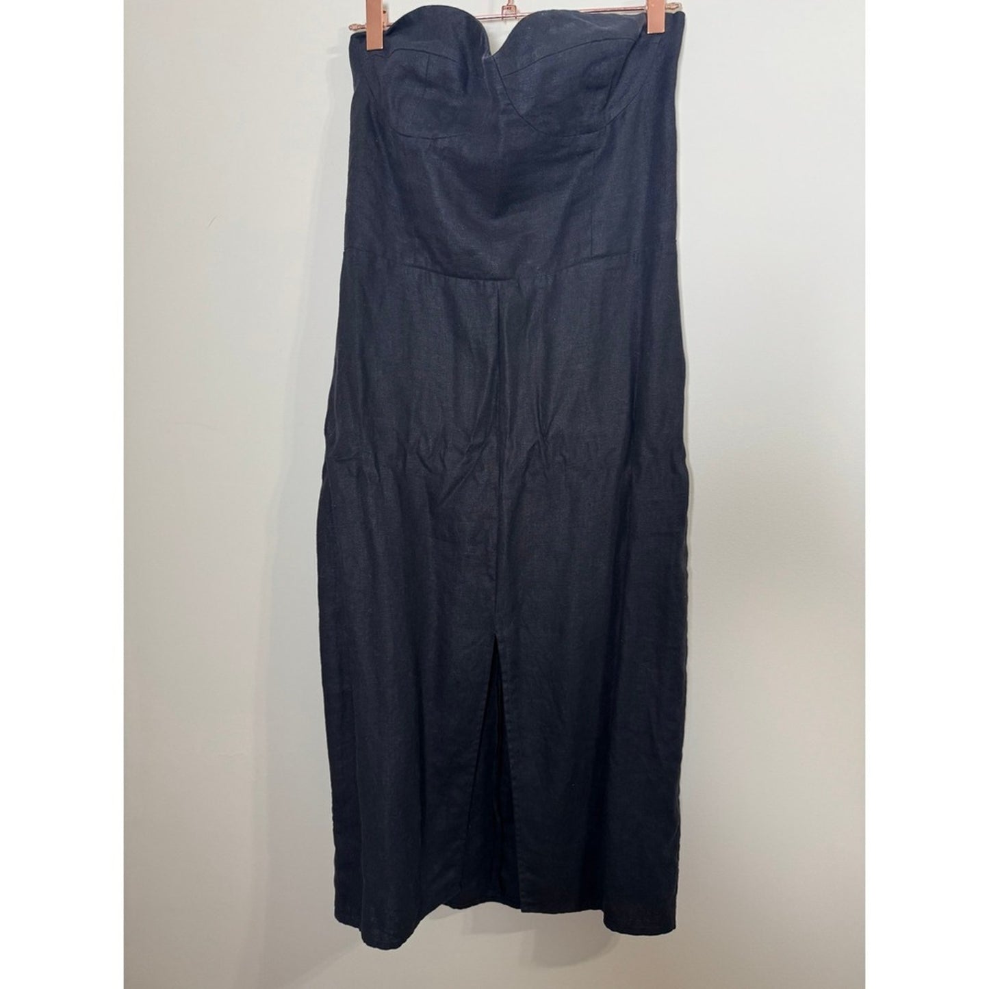 Reformation Black Linen Strapless Bustier Midi Dress with Front Slit