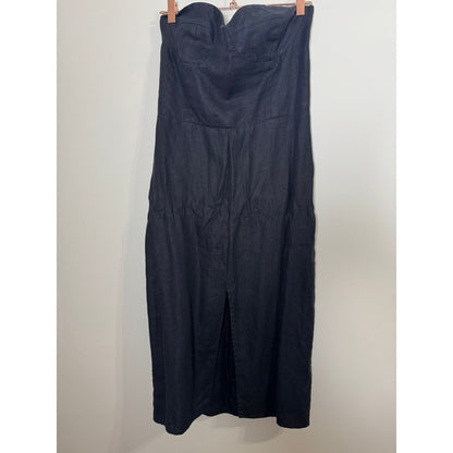 Reformation Black Linen Strapless Bustier Midi Dress with Front Slit