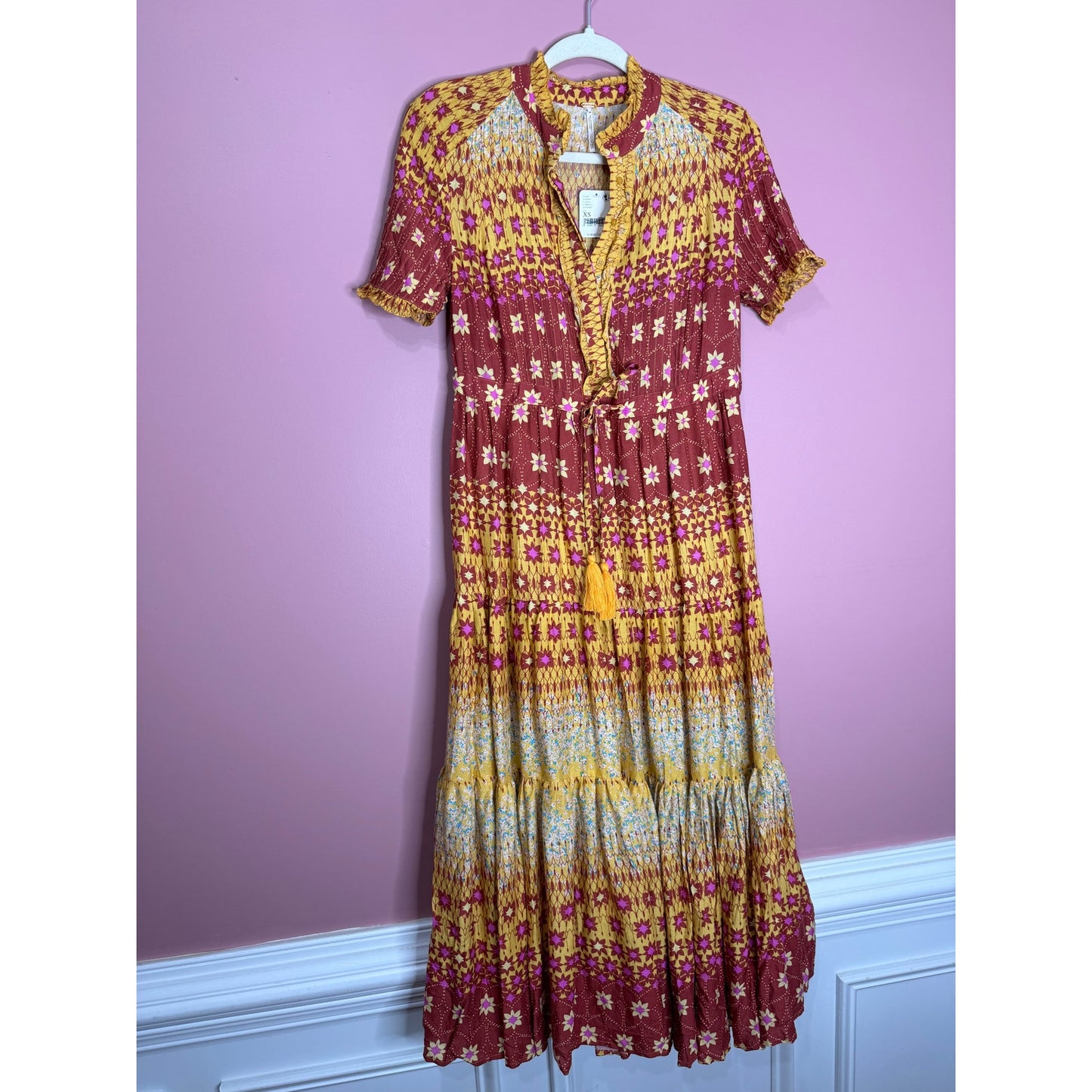 Free People Rare Feeling Maxi Dress in Multi Size XS Short Sleeve V-Neck Lined