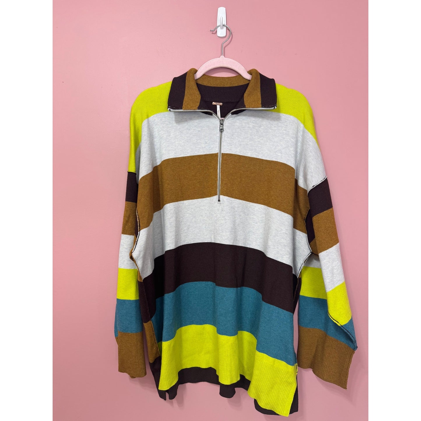 NEW Free People Coastal Stripe Quarter ZIp Oversized Sweater Size Small