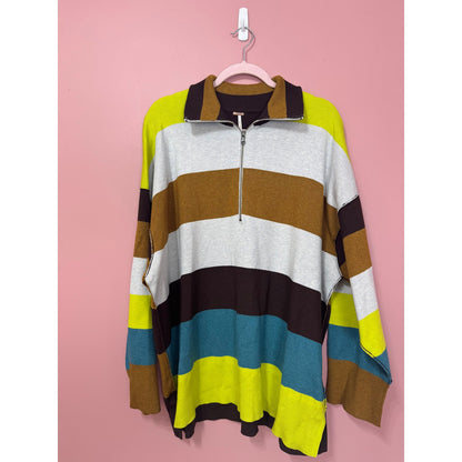 NEW Free People Coastal Stripe Quarter ZIp Oversized Sweater Size Small