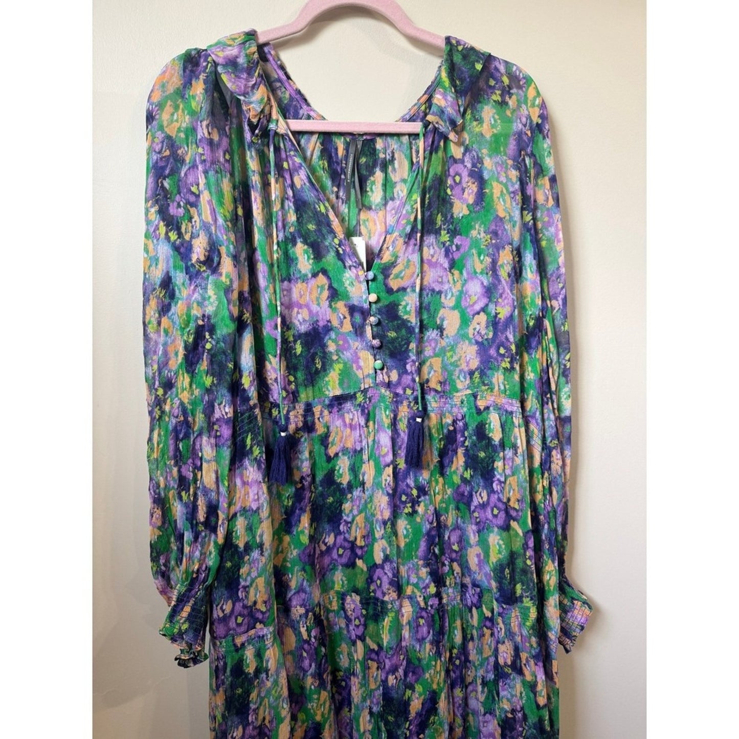 Anthropologie Tiered Floral Maxi Dress Purple Green Boho  V-Neck Long Sleeve