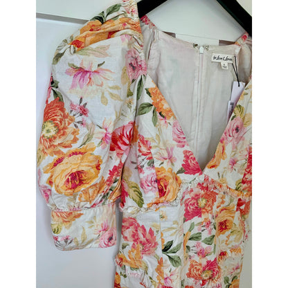 For Love & Lemons Julep Mini Dress in Coral Small Floral Short Sleeve Ruffle