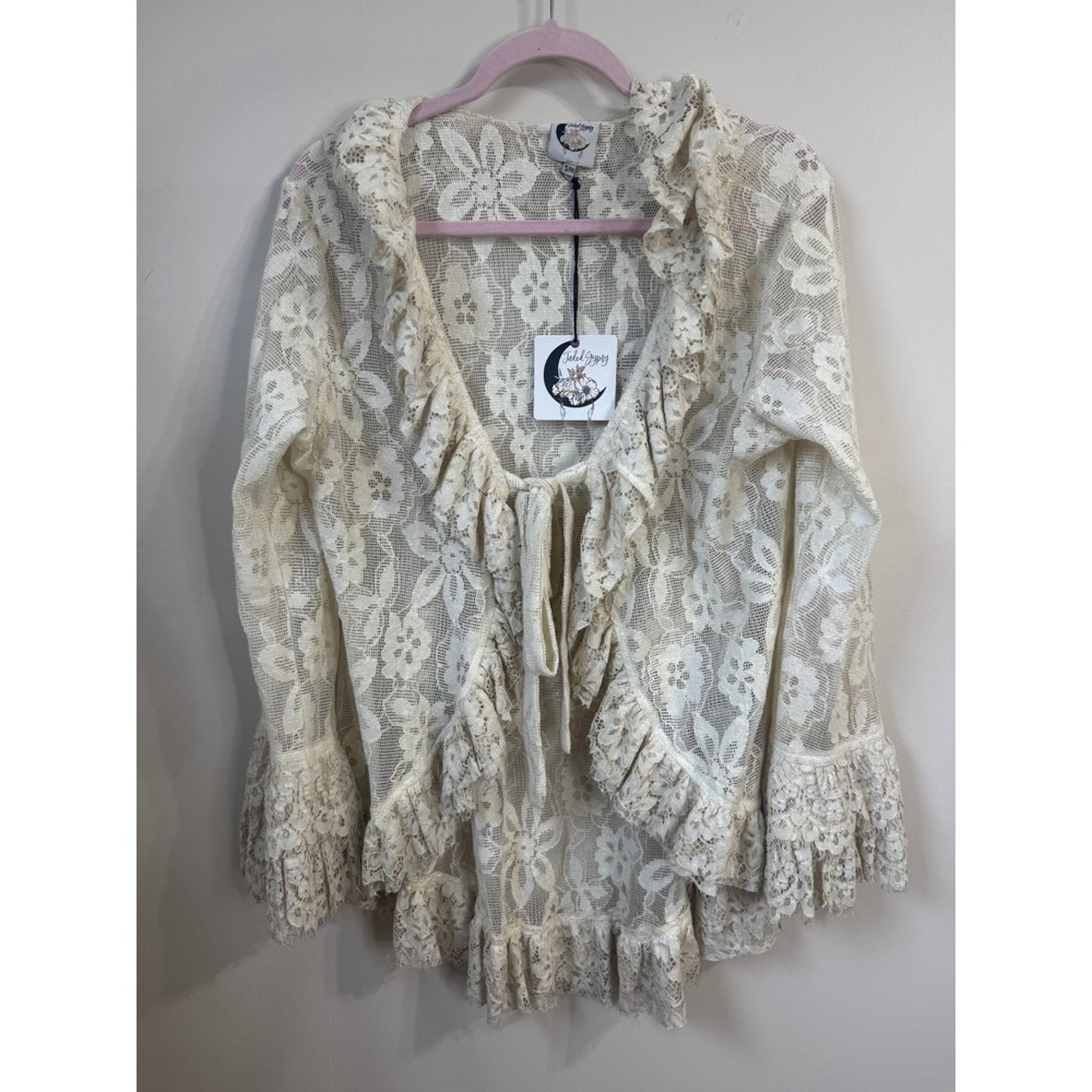 Jaded Gypsy Cream Floral Lace Ruffle Tie Front Cardigan Bohemian Romantic S/M