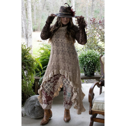 Jaded Gypsy Crochet Lace Ruffle High Neck Tunic Top Beige Sleeveless Lagenlook