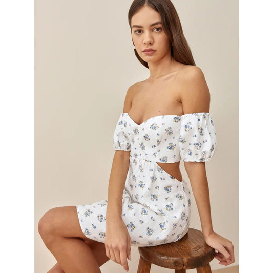 NEW NWT Reformation Emilia White Floral Mini Linen Cut Out Dress Size 10