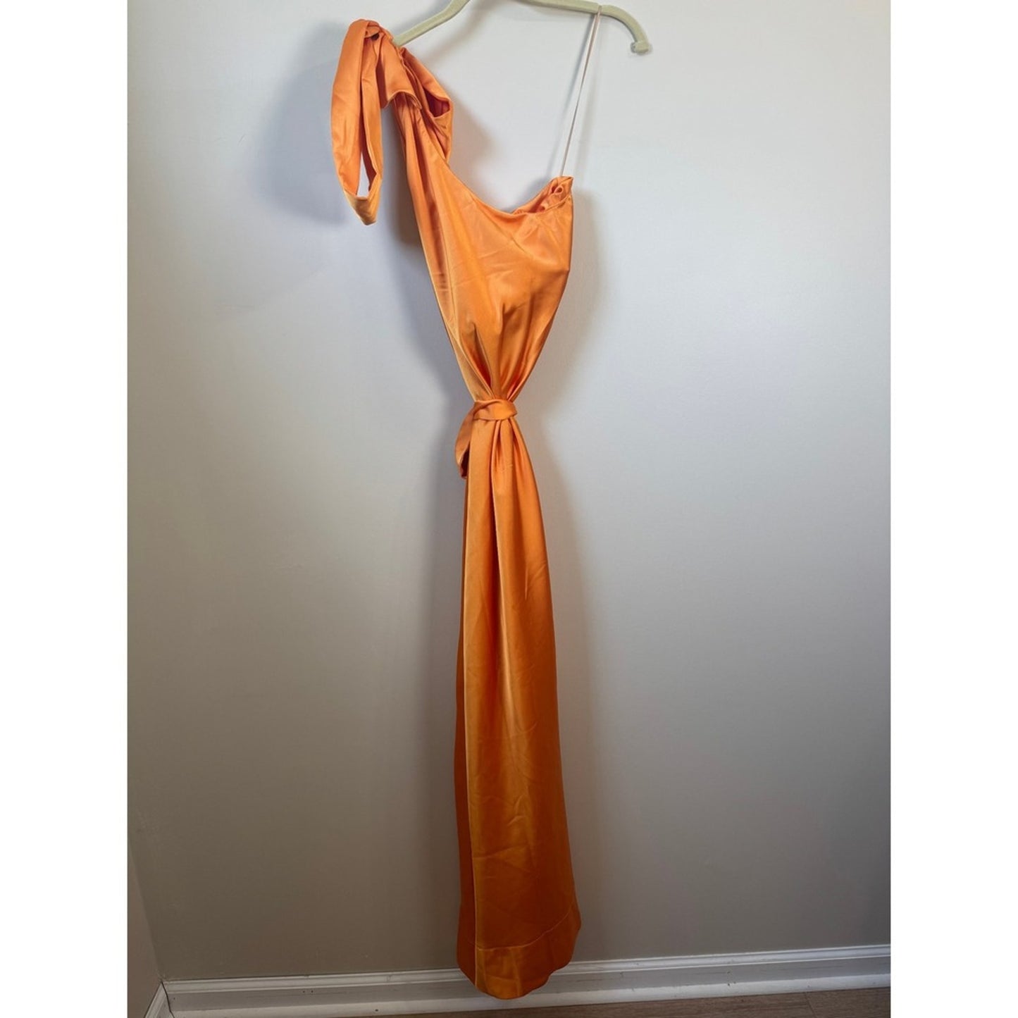 Orange Satin One Shoulder Maxi Dress Bow Detail Formal Gown Sleeveless Orange