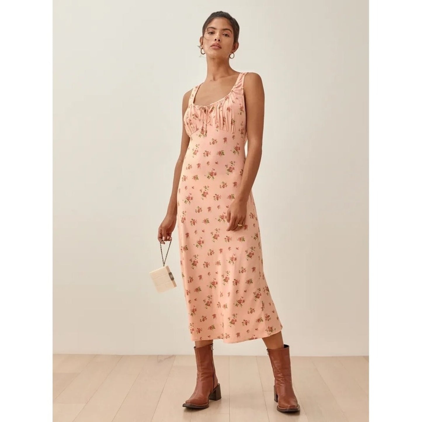 Reformation Pink Floral Midi Dress Milkmaid Gathered Bust Sleeveless Slit Pink