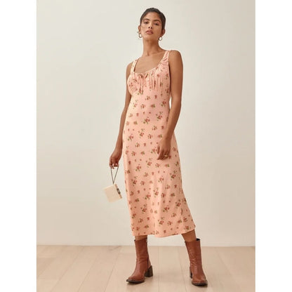 Reformation Pink Floral Midi Dress Milkmaid Gathered Bust Sleeveless Slit Pink