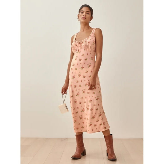 Reformation Pink Floral Midi Dress Milkmaid Gathered Bust Sleeveless Slit Pink