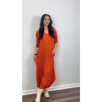 Rebecca Taylor Women's Pleated Sleeve Dress in Orange Size XS Midi A-Line V-Neck