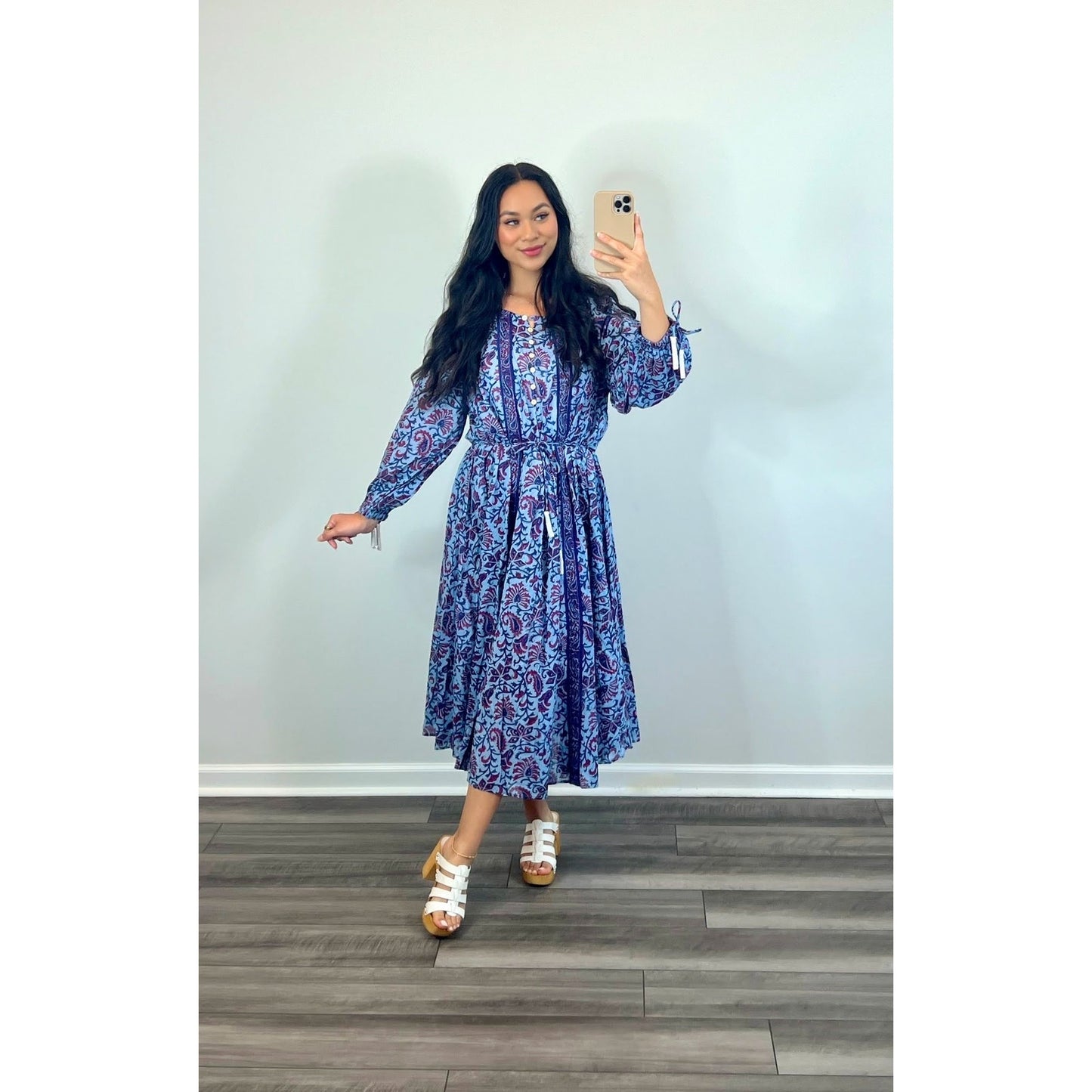 Cleobella Faith Caftan Midi Dress in Delhi Block Print Large Paisley Cotton