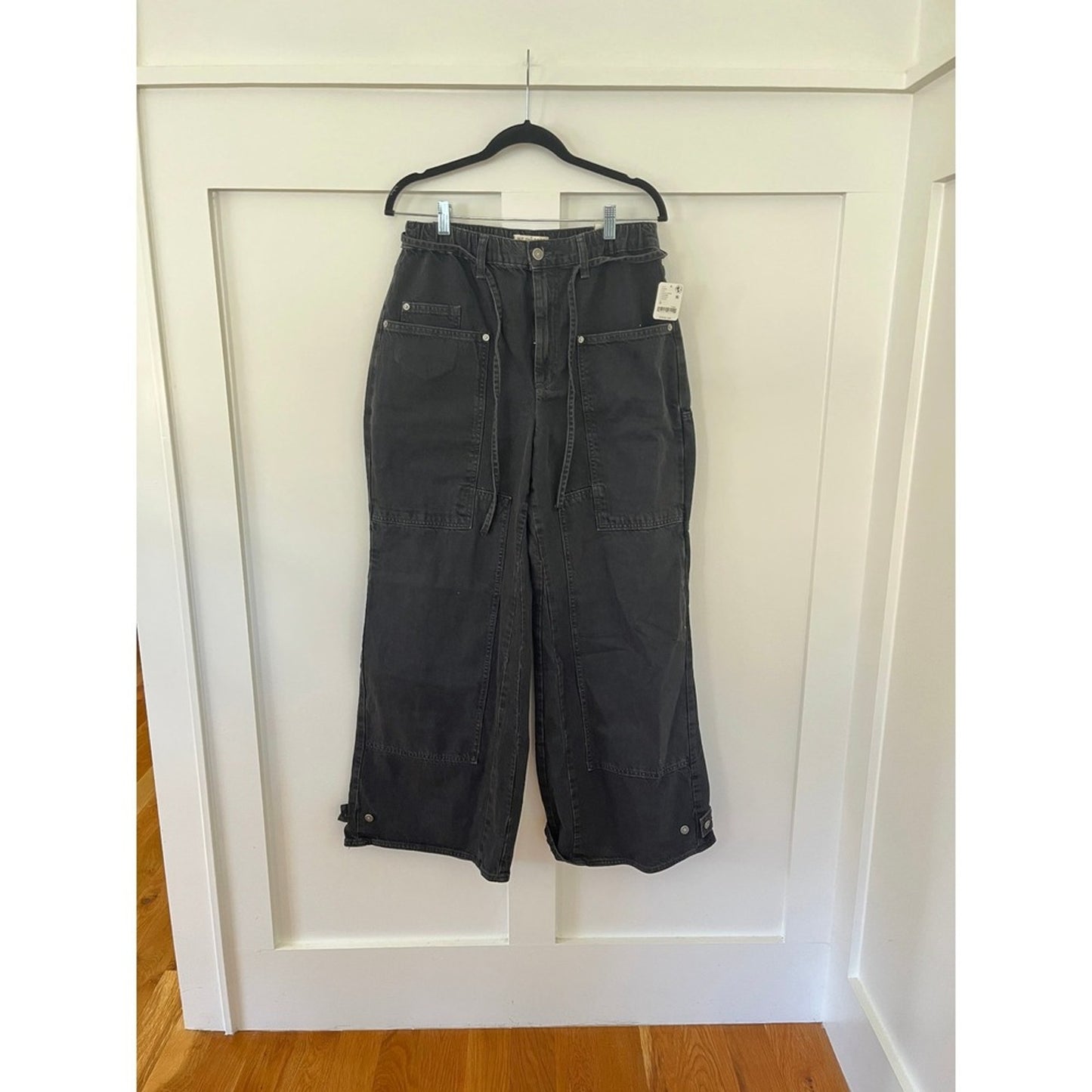 Free People Wide Leg Cargo Pants Black Denim Elastic Waist M