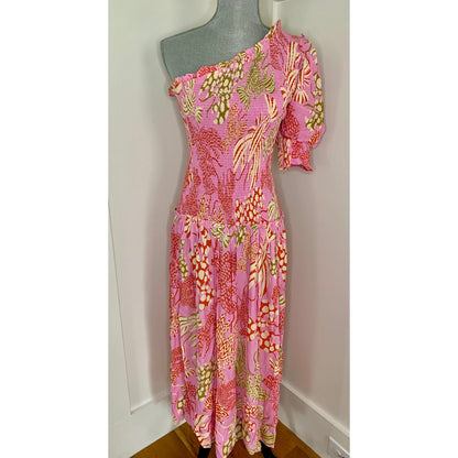 Farm Rio Mixed Lobsters Pink Midi Dress Medium One Shoulder Printed Pullover