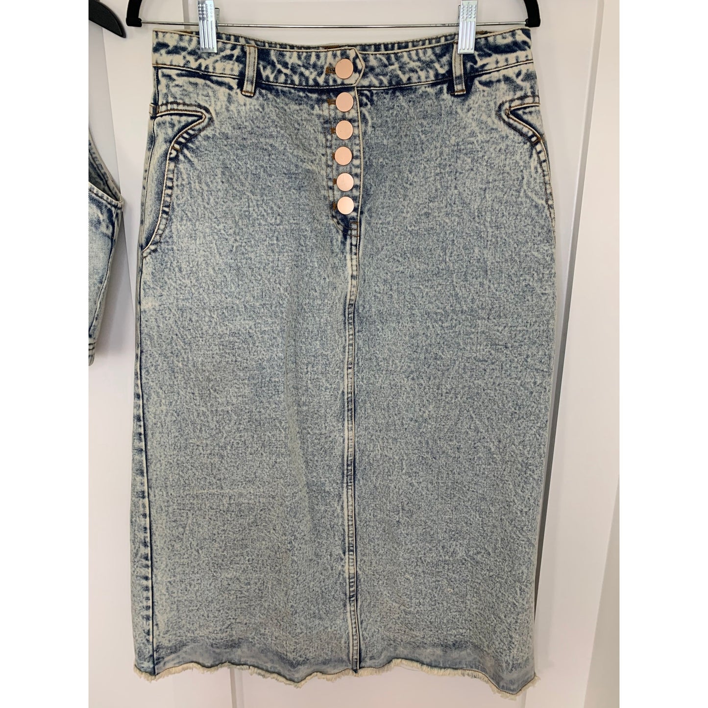 Elliatt Marion Set in Light Blue Large Denim Button Front Cropped Top Midi Skirt