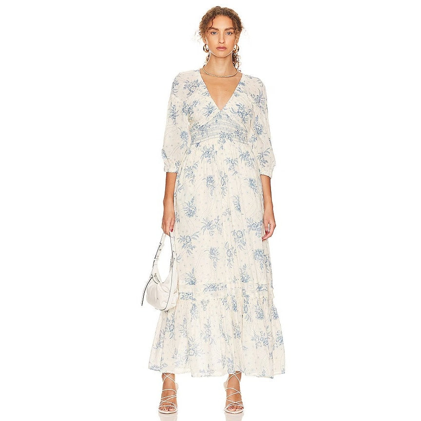 NEW Free People Golden Hour Smocked Floral Maxi in Tea Combo Size Large