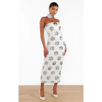 NEW NWT Show Me Your Mumu Taylor Tube Midi Dress White Silver‎ Size XS