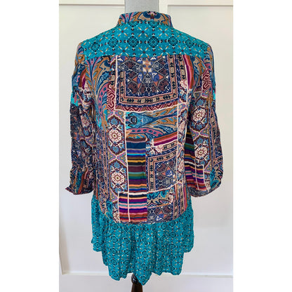 Tolani Button Down Mini Dress Colorful Geometric Size XS Long Sleeve Round Neck