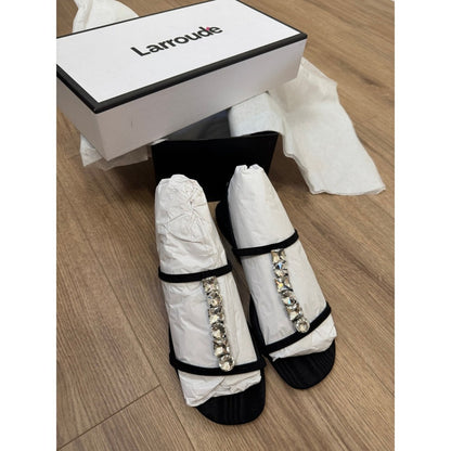 Larroude Ivy Flat Sandals Black Moire Crystal Embellished Slingback T-Strap New