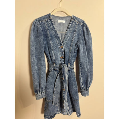 Jonathan Simkhai Standard Denim Mini Dress Blue Acid Wash Puff Sleeve Belted XS