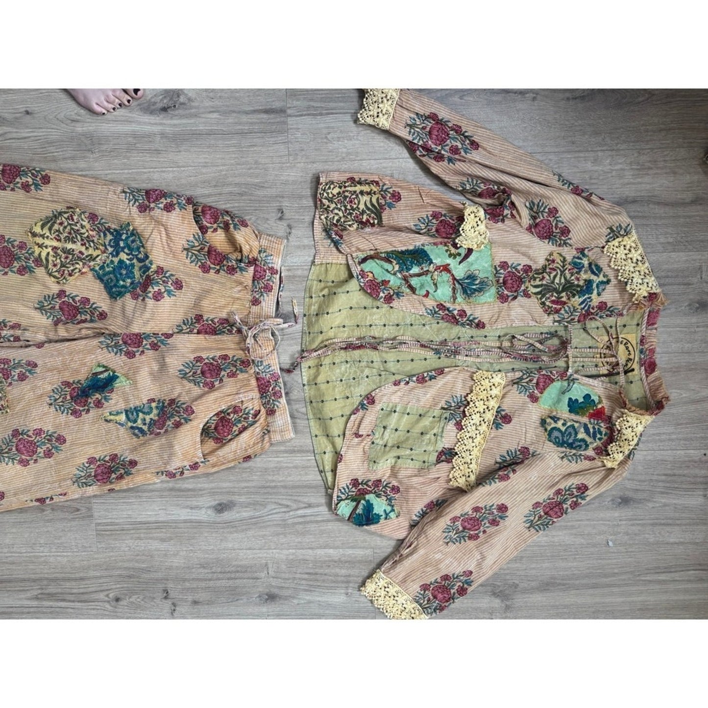 A Rare Bird Floral Patchwork Jacket and Wide Leg Pants Set Bohemian Peach