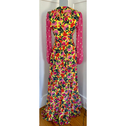 Saloni Ginny Maxi Dress in Multicolor Floral Size 4 Embellished Long Sleeve Silk