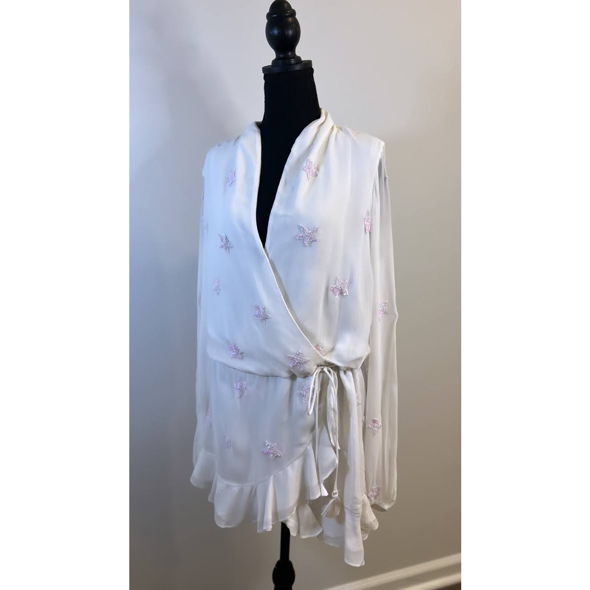 Rococo Sand Stellar Georgette Short Dress in White Small Long Sleeve Sequins
