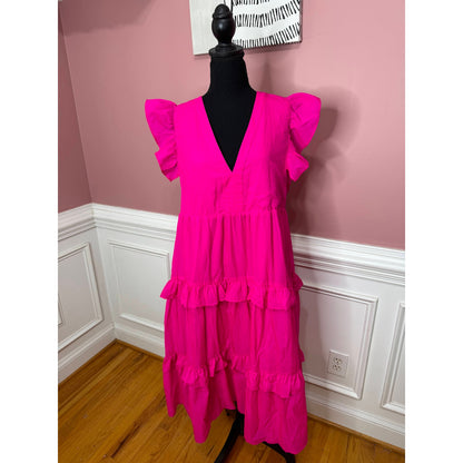Amanda Uprichard Chamomile Dress in Cerise Large Sleeveless Tiered V-Neck Lined