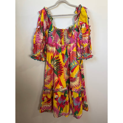 Farm Rio Yellow Tropical Toucan Print Puff Sleeve Ruffle Midi Dress Size L