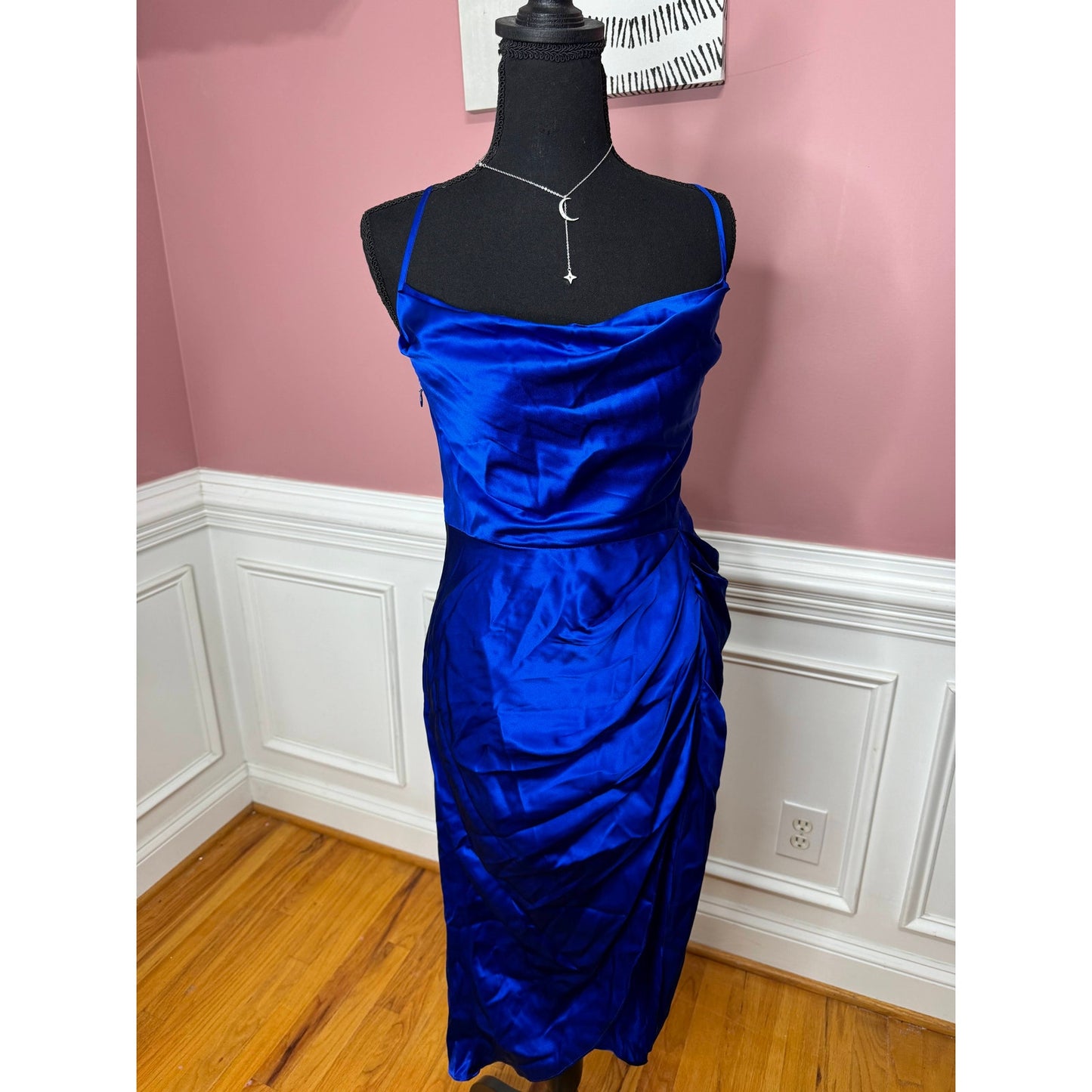 Amanda Uprichard Jasalina Dress in Branson Blue Large Satin Backless Cross Strap