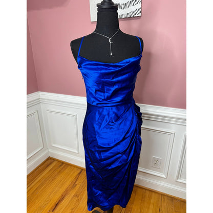 Amanda Uprichard Jasalina Dress in Branson Blue Large Satin Backless Cross Strap
