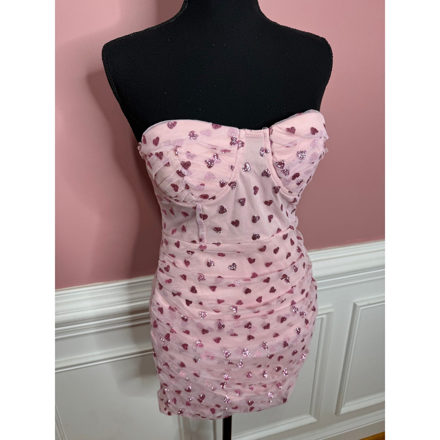 Superdown Fifi Mesh Mini Dress in Pink Hearts Glitter Size Small Zip Back Lined