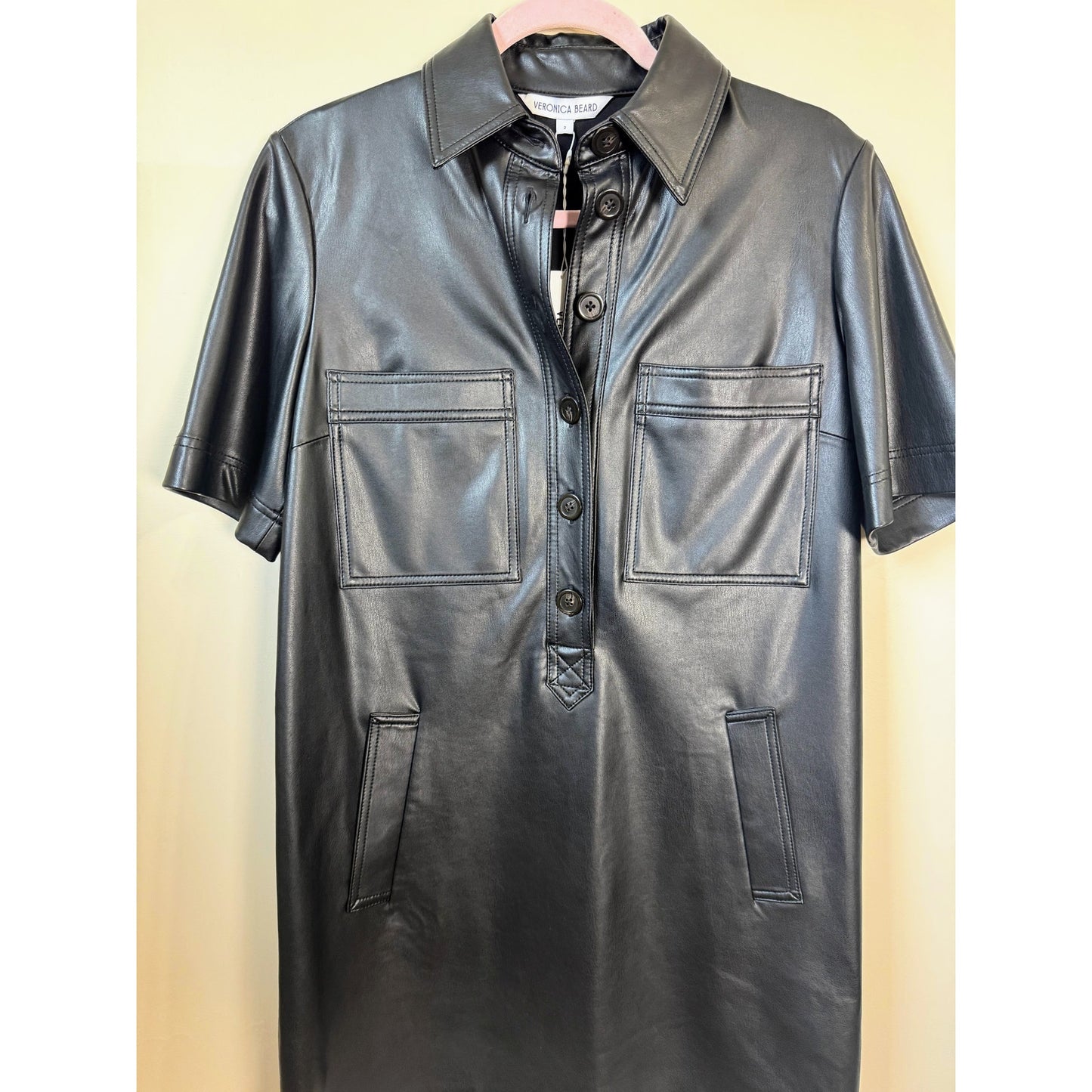 NEW NWT Veronica Bear Short Sleeve Khoulis Faux Leather Dress in Black Size 2