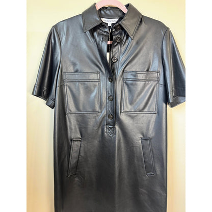 NEW NWT Veronica Bear Short Sleeve Khoulis Faux Leather Dress in Black Size 2